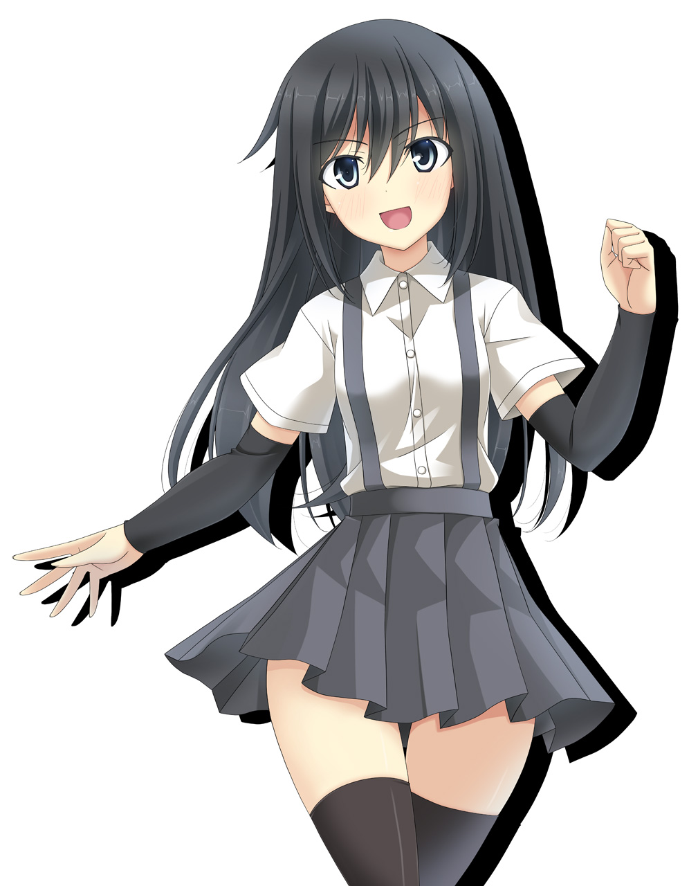 1girl arm_warmers asashio_(kantai_collection) black_hair clenched_hand commentary_request grey_eyes hair_between_eyes highres kantai_collection long_hair looking_at_viewer open_mouth pleated_skirt rappa_(rappaya) shirt short_sleeves sidelocks skirt smile solo suspenders thigh-highs upper_body white_background white_shirt