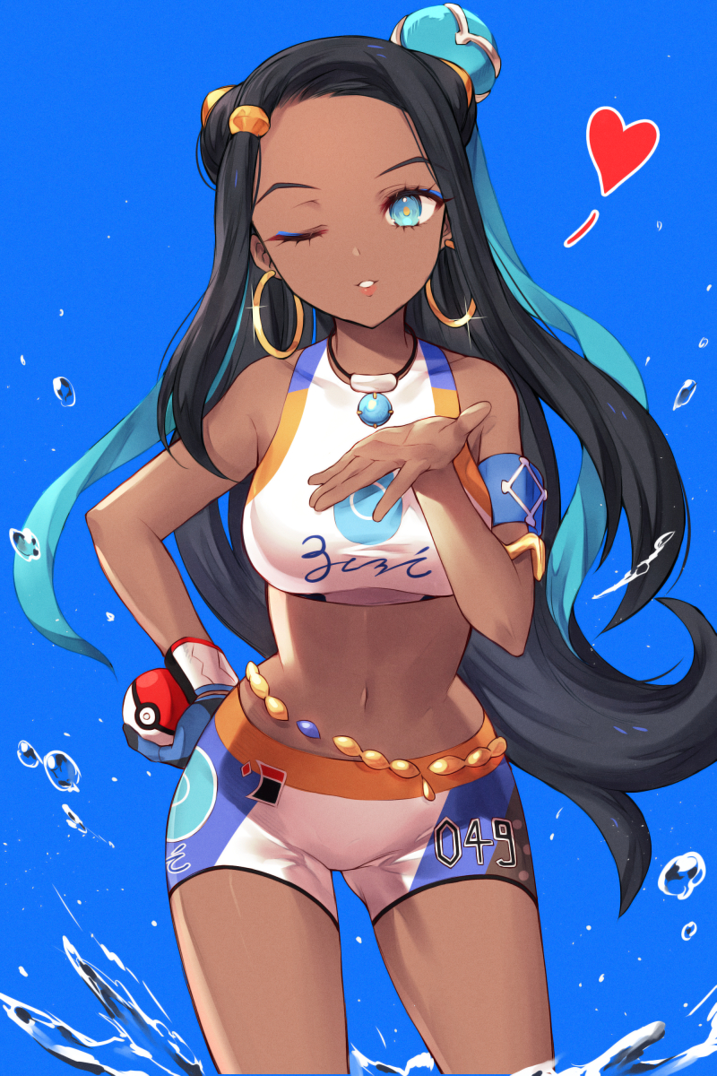1girl ;o bare_arms bare_shoulders black_hair blue_background blue_eyes cowboy_shot crop_top dark_skin earrings forehead glint gloves hair_ornament hand_on_hip heart highres holding hoop_earrings jewelry kh_(kh_1128) long_hair looking_at_viewer midriff navel one_eye_closed parted_lips poke_ball poke_ball_(generic) pokemon pokemon_(game) pokemon_swsh rurina_(pokemon) short_shorts shorts single_glove sleeveless solo standing stomach thighs very_long_hair water