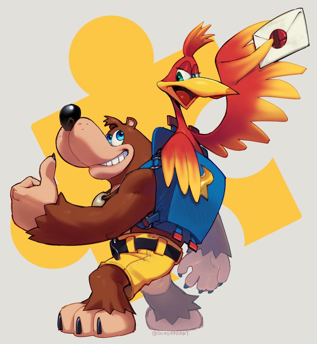 1boy 1girl animal backpack bag banjo-kazooie banjo_(banjo-kazooie) bear bird blue_eyes brown_hair card feathers full_body green_eyes kazooie_(banjo-kazooie) microsoft nintendo no_humans open_mouth rareware shorts simple_background smile super_smash_bros. super_smash_bros._ultimate super_smash_bros_brawl taikodon thumbs_up wings