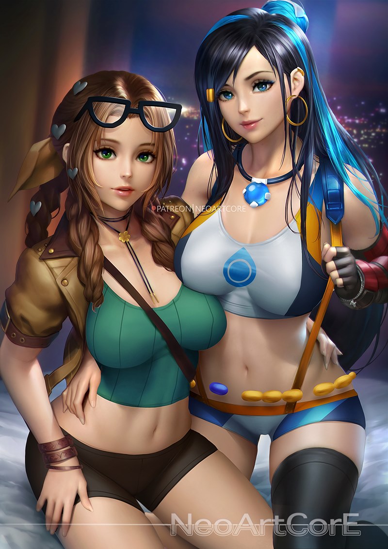 2girls aerith_gainsborough arm_around_waist bed_sheet between_breasts bike_shorts black-framed_eyewear black_gloves black_hair black_legwear black_shorts blue_eyes blue_hair blue_shorts breasts brown_jacket closed_mouth collarbone commentary cosplay crop_top earrings english_commentary eyeshadow eyewear_on_head final_fantasy final_fantasy_vii fingerless_gloves forehead glasses gloves green_eyes hair_ornament hair_ribbon heart heart_hair_ornament hoop_earrings indoors jacket jewelry kneeling large_breasts long_hair looking_at_viewer makeup multicolored_hair multiple_girls navel necklace nudtawut_thongmai on_bed open_clothes open_jacket parted_lips pink_lips pokemon pokemon_(game) pokemon_swsh ribbon rurina_(pokemon) rurina_(pokemon)_(cosplay) short_shorts short_sleeves shorts single_glove single_thighhigh sitting smile sonia_(pokemon) sonia_(pokemon)_(cosplay) standing strap_between_breasts striped suspender_shorts suspenders thigh-highs tifa_lockhart toned tri_braids two-tone_hair vertical_stripes very_long_hair window wristband yellow_ribbon