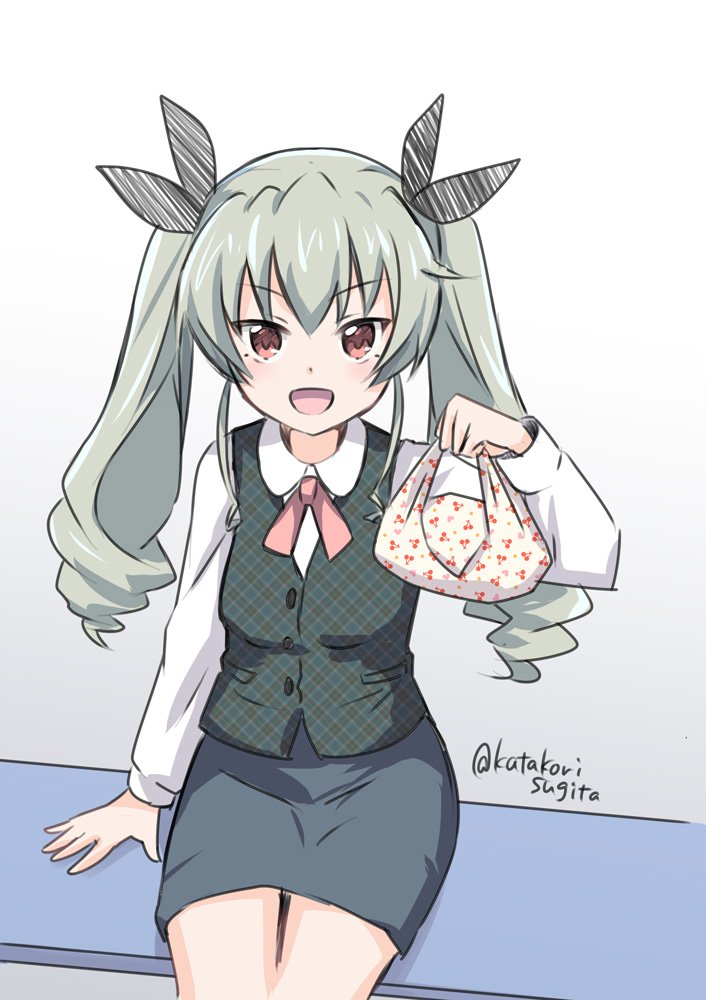 1girl :d alternate_costume anchovy arm_snake bangs black_ribbon black_skirt black_vest collared_shirt commentary_request dress_shirt drill_hair eyebrows_visible_through_hair girls_und_panzer green_hair hair_ribbon holding katakori_sugita long_hair looking_at_viewer medium_skirt neck_ribbon obentou office_lady open_mouth partial_commentary pencil_skirt pink_neckwear plaid plaid_vest red_eyes ribbon shirt sitting skirt smile solo twin_drills twintails twitter_username vest white_shirt