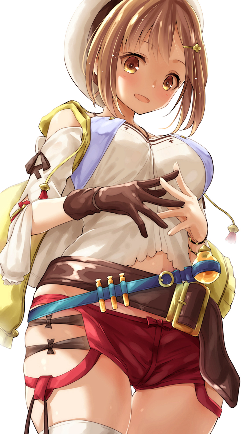 1girl atelier_(series) atelier_ryza belt blush breasts brown_eyes brown_gloves brown_hair commentary_request gloves hair_ornament hairclip hat highres large_breasts open_mouth red_shorts reisalin_stout short_hair short_shorts shorts single_glove smile solo thigh-highs thigh_gap thighs watarui white_background white_headwear white_legwear