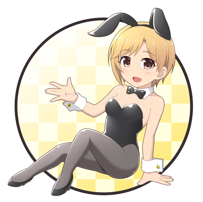 1girl aiba_yumi animal_ears black_leotard blonde_hair bow bowtie brown_eyes bunny_girl bunny_tail bunnysuit checkered checkered_background circle commentary_request detached_collar full_body grey_legwear idolmaster idolmaster_cinderella_girls leotard looking_at_viewer pantyhose pataniito rabbit_ears short_hair sitting smile solo strapless strapless_leotard tail wrist_cuffs