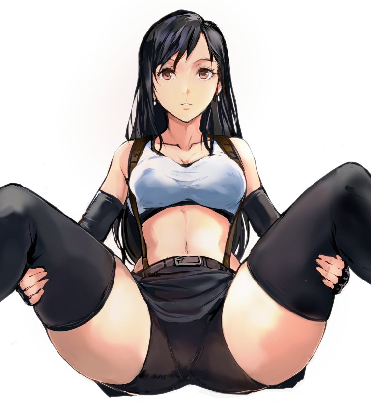 1girl bare_shoulders belt black_hair black_shorts black_skirt breasts brown_eyes commentary_request earrings final_fantasy final_fantasy_vii final_fantasy_vii_remake fingerless_gloves gloves jewelry large_breasts long_hair midriff miniskirt navel parted_lips pencil_skirt shirt shorts skirt spread_legs suspender_skirt suspenders tank_top taut_clothes taut_shirt thigh-highs thighs tifa_lockhart yuya