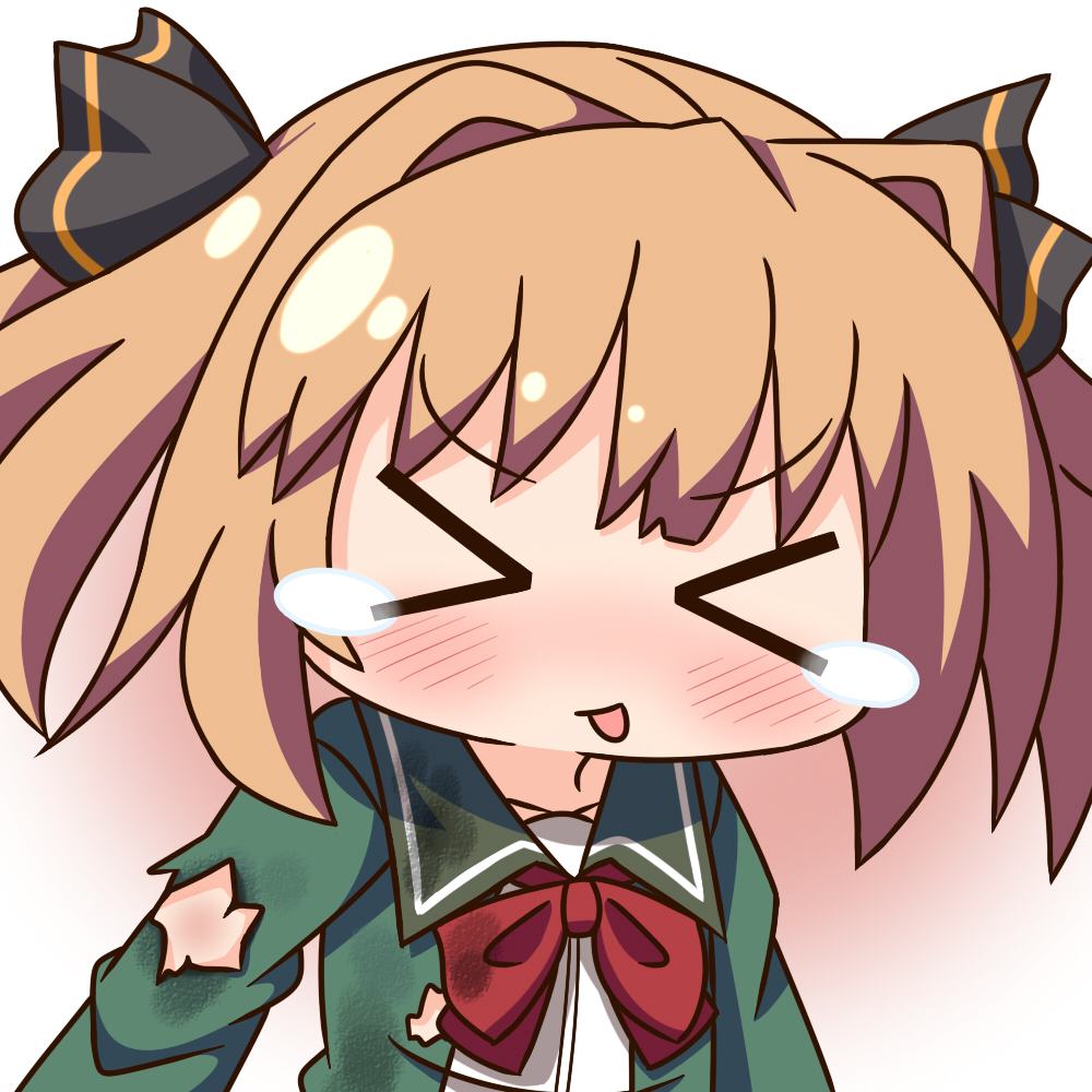 &gt;_&lt; 1girl bangs black_ribbon blush bow brown_hair closed_eyes closed_mouth collarbone collared_shirt commentary_request eyebrows_visible_through_hair facing_viewer green_jacket hachijou_(kantai_collection) hair_intakes hair_ribbon hana_kazari jacket kantai_collection red_bow ribbon shirt solo tears tongue tongue_out torn_jacket two_side_up upper_body v-shaped_eyebrows white_background white_shirt