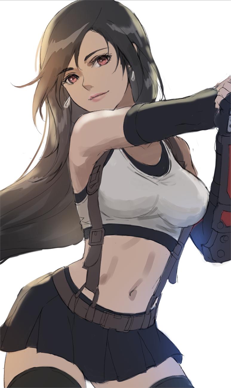 black_gloves black_hair black_skirt breasts crop_top earrings final_fantasy final_fantasy_vii gloves highres jewelry lips lipstick long_hair makeup midriff navel skirt suspender_skirt suspenders tank_top thigh-highs tifa_lockhart tonee white_tank_top zettai_ryouiki