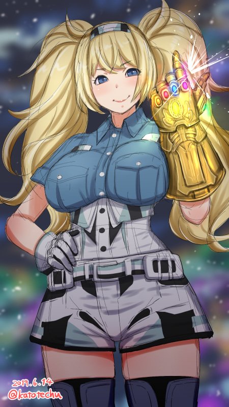 1girl avengers avengers:_endgame avengers:_infinity_war blonde_hair blue_eyes blue_shirt breast_pocket breasts collared_shirt commentary_request cowboy_shot gambier_bay_(kantai_collection) gloves hair_between_eyes hairband infinity_gauntlet kantai_collection katou_techu large_breasts looking_at_viewer marvel multicolored multicolored_clothes multicolored_gloves night night_sky pocket shirt shorts sky solo thigh-highs twintails white_legwear