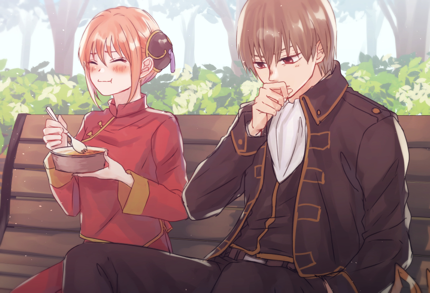 1boy 1girl black_jacket black_pants blush brown_hair closed_eyes closed_mouth day double_bun eating gintama hair_between_eyes hand_in_pocket jacket kagura_(gintama) long_sleeves okita_sougo open_clothes open_jacket orange_hair outdoors pants red_eyes red_pants red_shirt shiny shiny_hair shirt short_hair sitting_on_bench szzz_k white_neckwear