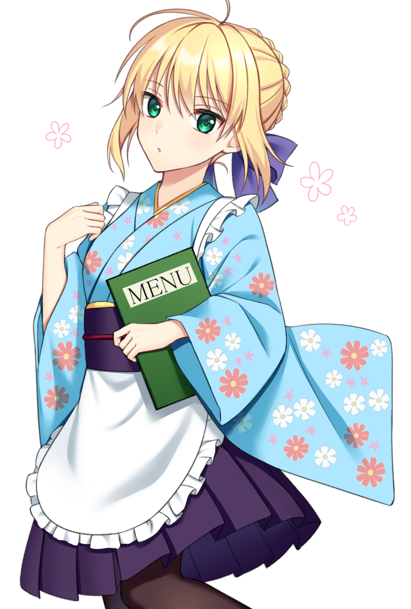 1girl antenna_hair apron artoria_pendragon_(all) black_legwear blonde_hair blue_bow blue_kimono bow braided_bun eyebrows_visible_through_hair fate/stay_night fate_(series) floral_print frilled_apron frills green_eyes hair_between_eyes hair_bow hakama highres holding_menu japanese_clothes kimono looking_at_viewer pantyhose parted_lips print_kimono purple_hakama saber shino_skk short_hair simple_background solo standing waist_apron white_apron white_background