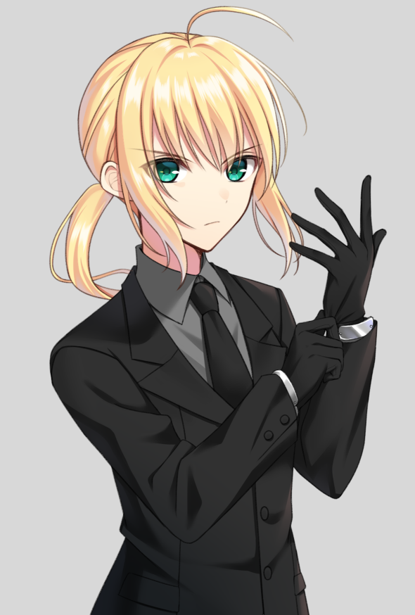 1girl adjusting_clothes adjusting_gloves ahoge artoria_pendragon_(all) black_gloves black_jacket black_neckwear blonde_hair closed_mouth collared_shirt eyebrows_visible_through_hair fate/zero fate_(series) floating_hair formal frown gloves green_eyes grey_background grey_shirt jacket long_sleeves looking_at_viewer medium_hair necktie ponytail saber shino_skk shiny shiny_hair shirt simple_background solo standing upper_body v-shaped_eyebrows wing_collar