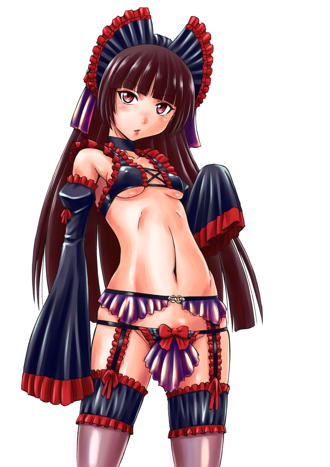 1girl bare_shoulders black_bra black_hair bra breasts dress frills garter_belt garter_straps gate_-_jieitai_ka_no_chi_nite_kaku_tatakaeri hairband highres lolita_hairband long_hair looking_at_viewer panties parted_lips purple_legwear rory_mercury sao_satoru sleeves_past_wrists small_breasts solo thigh-highs underwear underwear_only violet_eyes