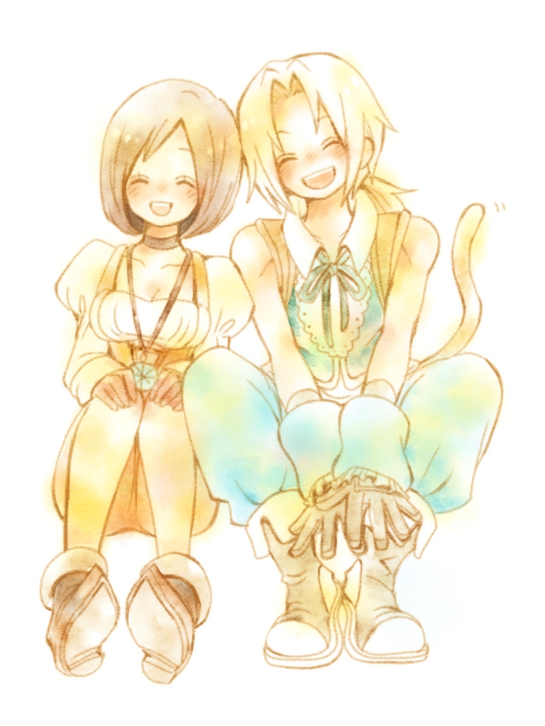 1boy 1girl black_hair blonde_hair blush bodysuit breasts choker commentary_request final_fantasy final_fantasy_ix garnet_til_alexandros_xvii gloves ichi_(pixiv6373491) jewelry necklace orange_bodysuit short_hair simple_background smile tail white_background zidane_tribal