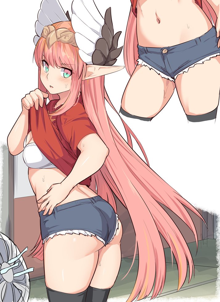 1girl ass black_legwear blush bra breasts character_request copyright_request eyebrows_visible_through_hair fan from_behind head_wings long_hair looking_at_viewer medium_breasts multiple_views navel pink_eyes pink_hair pointy_ears red_shirt shirt shirt_pull shiseki_hirame short_shorts shorts sweat thigh-highs underwear white_bra white_wings wings