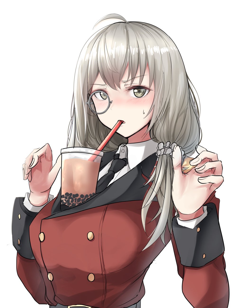 1girl ahoge bangs black_neckwear blush breasts brown_eyes bubble_tea cup disposable_cup drinking_straw eyebrows_visible_through_hair girls_frontline grey_hair hair_between_eyes helianthus_(girls_frontline) highres large_breasts long_hair long_sleeves looking_at_viewer military military_uniform monocle necktie object_on_breast simple_background solo sweatdrop take_(trude1945oneetyan) tawawa_challenge uniform upper_body white_background