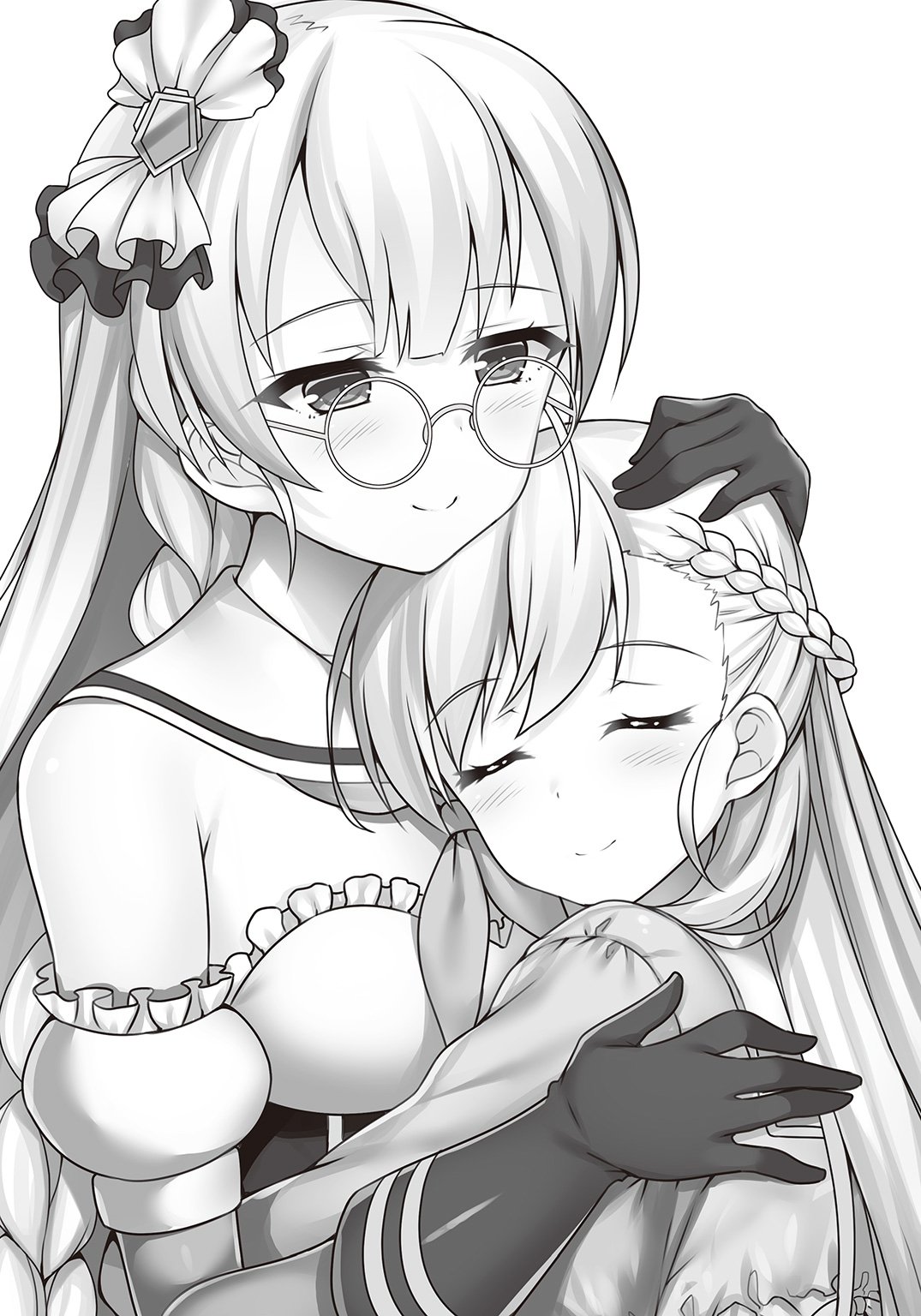 2girls azur_lane belchan_(azur_lane) belfast_(azur_lane) blush breasts closed_eyes closed_mouth edinburgh_(azur_lane) elbow_gloves eyebrows_visible_through_hair facing_another glasses gloves greyscale hand_on_another's_head highres long_hair looking_at_another medium_breasts monochrome multiple_girls neckerchief raiou smile