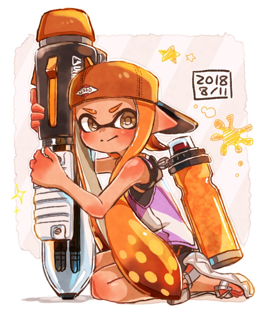 1girl backwards_hat ballpoint_splatling_(splatoon) bangs baseball_cap black_shorts blunt_bangs brown_eyes closed_mouth commentary dated diagonal-striped_background diagonal_stripes domino_mask full_body gym_shorts harutarou_(orion_3boshi) hat holding holding_weapon ink_tank_(splatoon) inkling logo long_hair looking_at_viewer mask orange_hair orange_headwear outside_border pointy_ears sandals shirt shorts sitting sleeveless sleeveless_shirt smile solo sparkle splatoon_(series) splatoon_2 striped striped_background tan tentacle_hair wariza weapon white_footwear white_shirt