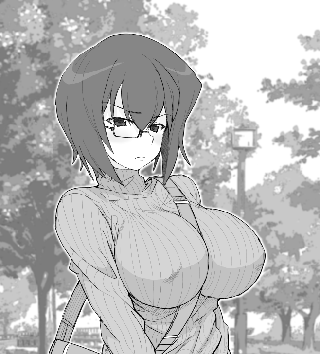 1girl bag bangs between_breasts blurry blurry_background blush breasts carrying casual closed_mouth commentary day depth_of_field eyebrows_visible_through_hair frown girls_und_panzer glaring greyscale half-closed_eyes henyaan_(oreizm) kawashima_momo lamppost large_breasts long_sleeves looking_at_viewer monochrome monocle no_bra outdoors ribbed_shirt satchel semi-rimless_eyewear shirt short_hair solo standing tree turtleneck under-rim_eyewear
