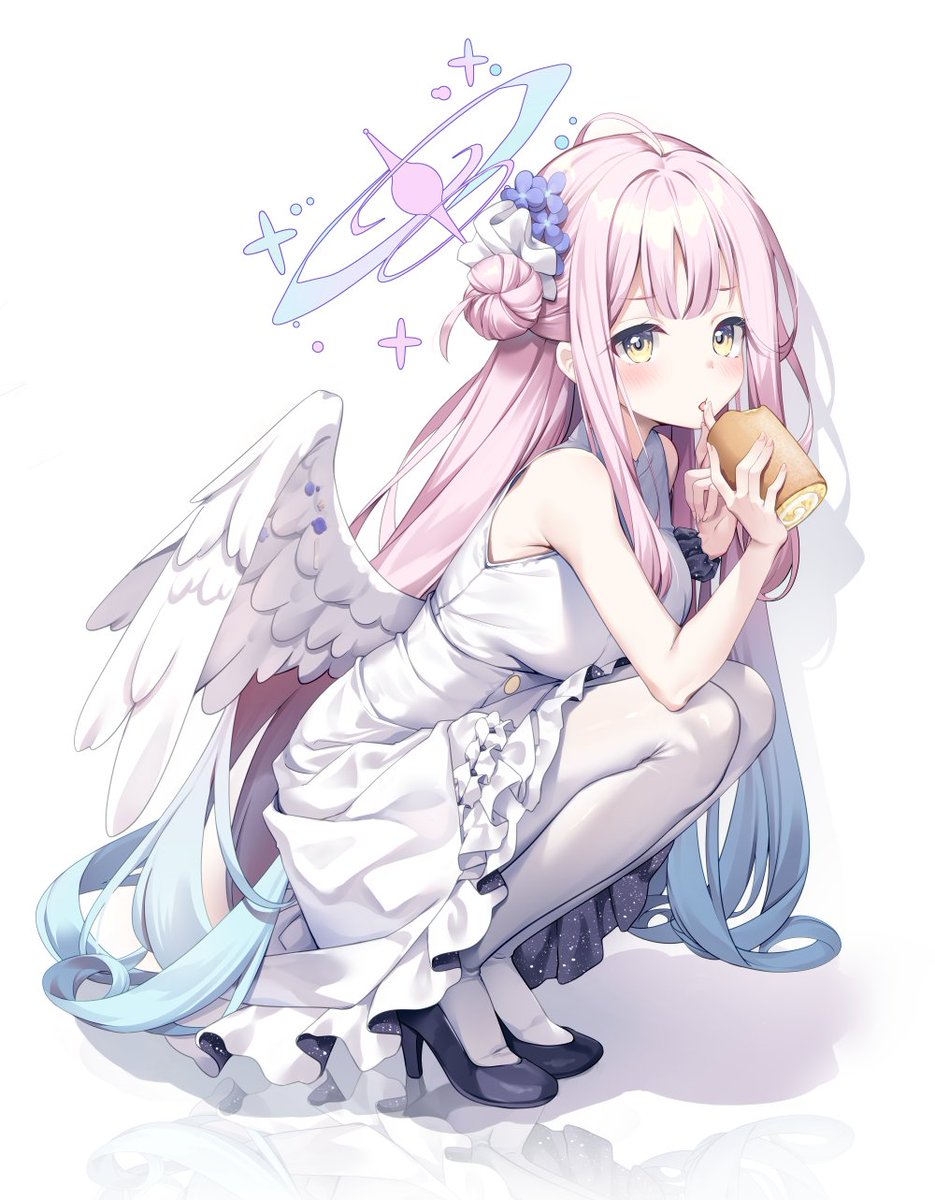 1girl bare_shoulders black_footwear blue_archive dress feathered_wings food full_body hair_bun hair_ornament hair_scrunchie halo high_heels highres holding holding_food kinokomushi long_hair looking_at_viewer mika_(blue_archive) multicolored_hair pantyhose pink_hair scrunchie sidelocks simple_background single_hair_bun sleeveless sleeveless_dress solo squatting tongue tongue_out white_background white_dress white_pantyhose white_wings wings wrist_scrunchie yellow_eyes
