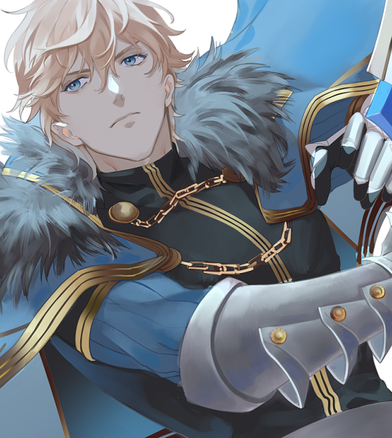 1boy armor blonde_hair blue_eyes cape fate/grand_order fate_(series) gauntlets gawain_(fate/extra) gawain_(fate/grand_order) knights_of_the_round_table_(fate) male_focus simple_background takashi_(huzakenna) white_background