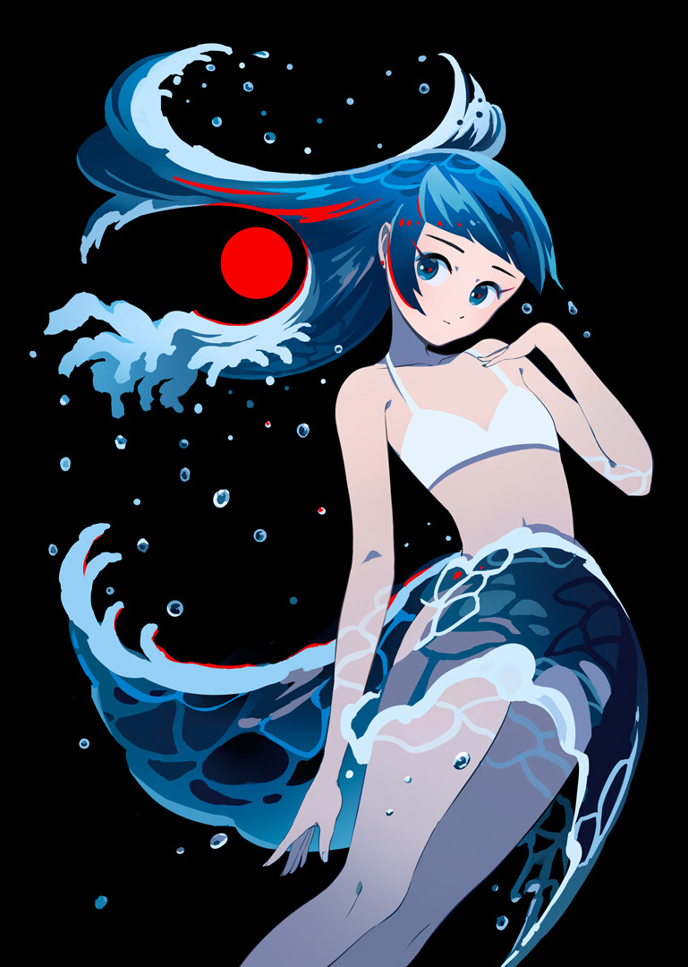 1girl appi bangs black_background blue_eyes blue_hair bra earrings expressionless feet_out_of_frame hand_up jewelry liquid_hair long_hair navel original red_circle red_earrings simple_background solo swept_bangs underwear water_drop waves white_bra