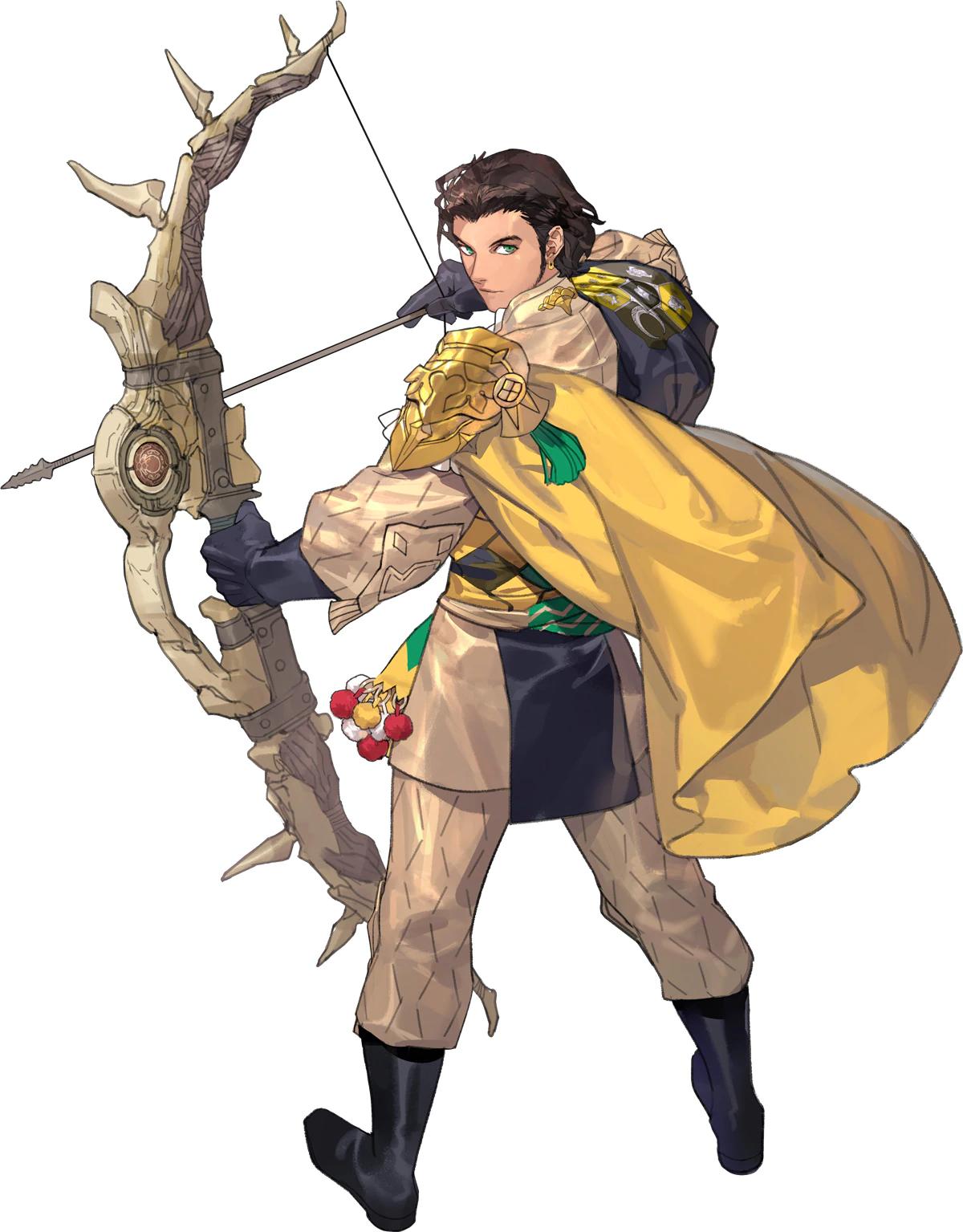 1boy arrow back beard bow_(weapon) brown_hair capelet claude_von_regan_(fire_emblem) earrings facial_hair fire_emblem fire_emblem:_three_houses full_body gloves green_eyes highres holding holding_weapon jewelry kurahana_chinatsu male_focus official_art solo weapon white_background