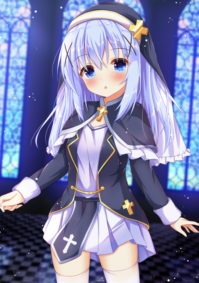 1girl :o bangs black_capelet black_jacket blue_eyes blue_hair blurry blurry_background blush capelet checkered checkered_floor commentary_request depth_of_field eyebrows_visible_through_hair gochuumon_wa_usagi_desu_ka? hair_between_eyes hair_ornament indoors jacket kafuu_chino kedama_(kedama_akaza) latin_cross long_hair long_sleeves nun open_clothes open_jacket parted_lips pleated_skirt shirt skindentation skirt solo stained_glass standing thigh-highs white_legwear white_shirt white_skirt x_hair_ornament