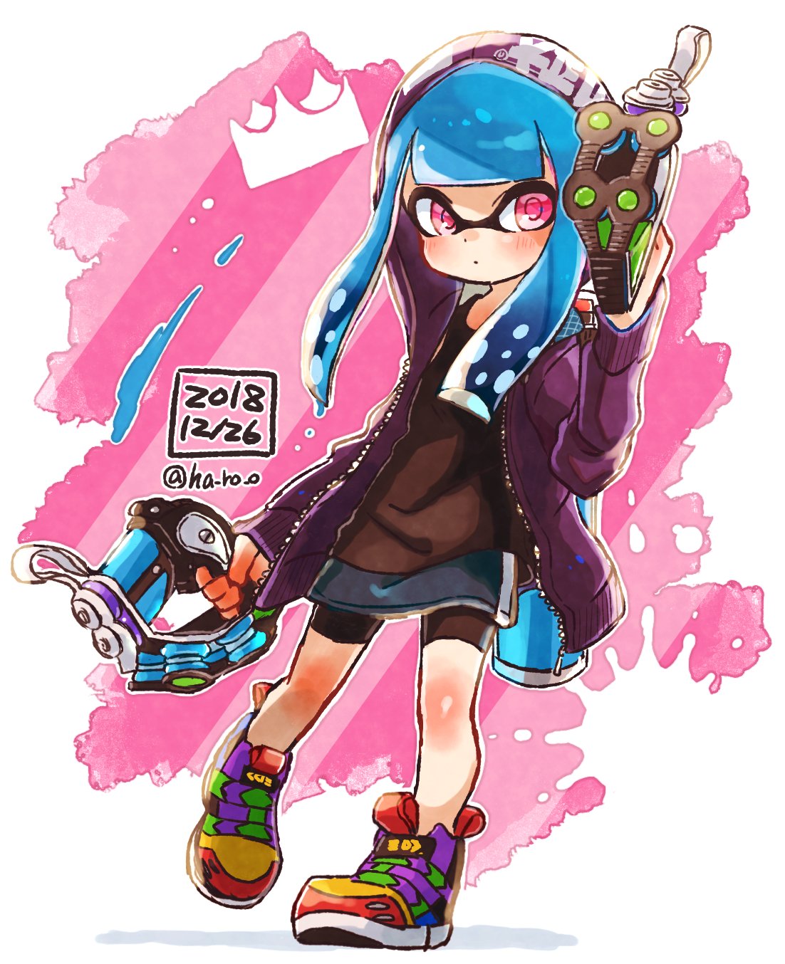 1girl bangs bike_shorts black_jacket black_shirt black_shorts blue_hair blunt_bangs closed_mouth commentary dated diagonal-striped_background diagonal_stripes domino_mask dual_wielding full_body harutarou_(orion_3boshi) highres holding holding_weapon hood hood_up ink_tank_(splatoon) inkling jacket light_frown long_hair looking_at_viewer mask miniskirt multicolored_footwear navy_blue_skirt open_clothes open_jacket paint_splatter pointy_ears print_jacket print_skirt shadow shirt shoes shorts shorts_under_skirt single_vertical_stripe skirt solo splatoon_(series) splatoon_2 standing standing_on_one_leg striped striped_background tentacle_hair tetra_dualies_(splatoon) twitter_username violet_eyes weapon