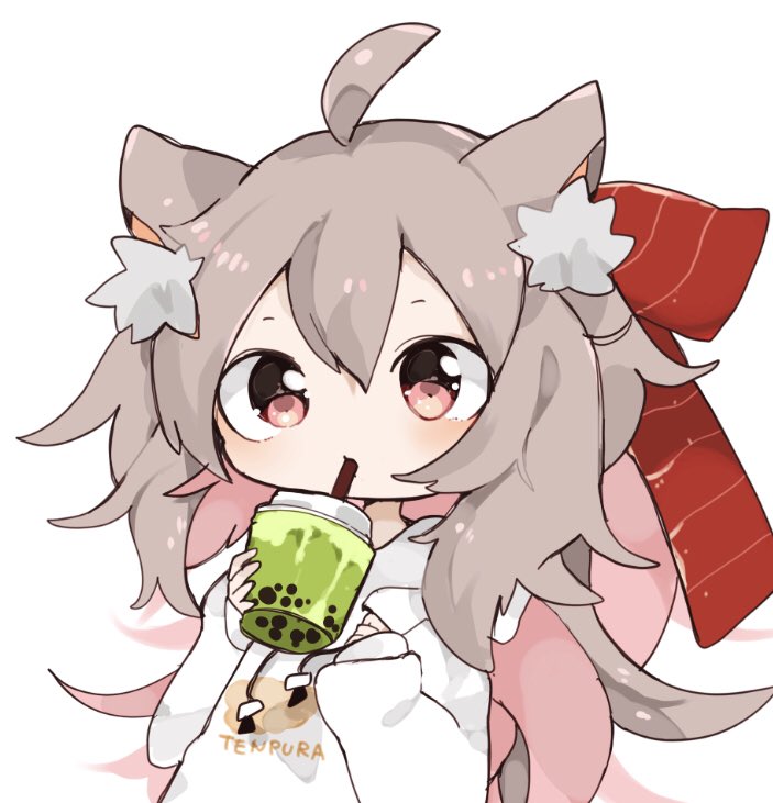 1girl ahoge animal_ear_fluff animal_ears bangs blush bow brown_hair bubble_tea byako_(srktn) cat_ears cat_girl closed_mouth clothes_writing cup disposable_cup drawstring drinking_straw eyebrows_visible_through_hair hair_between_eyes hair_bow hands_up holding holding_cup hood hood_down hoodie long_hair long_sleeves looking_at_viewer multicolored_hair original pink_hair puffy_long_sleeves puffy_sleeves red_bow red_eyes sleeves_past_wrists solo standing two-tone_hair very_long_hair white_background white_hoodie