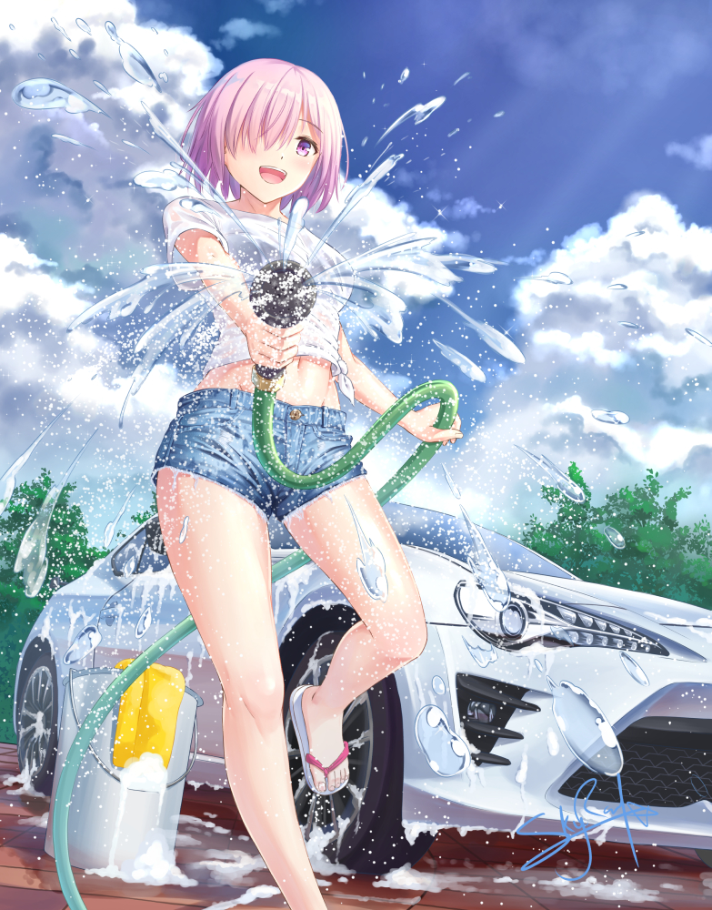 1girl breasts car clouds commentary eyebrows_visible_through_hair fate/grand_order fate_(series) flip-flops ground_vehicle hair_over_one_eye lavender_hair looking_at_viewer mash_kyrielight medium_breasts motor_vehicle navel outdoors pink_hair sandals see-through shirt short_hair short_shorts short_sleeves shorts skyrail smile solo toyota_86 upper_teeth violet_eyes water wet wet_clothes white_shirt