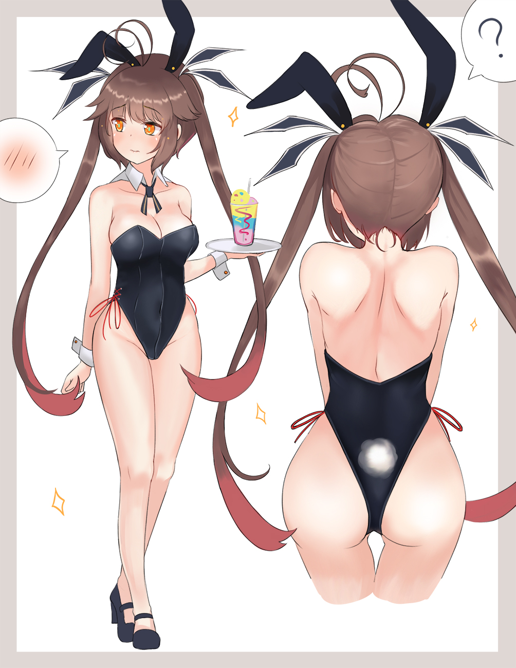 1girl alternate_costume animal_ears antenna_hair bangs black_footwear black_leotard breasts brown_hair bunny_girl bunny_tail bunnysuit collarbone eyebrows_visible_through_hair finesoda girls_frontline highres leotard long_hair m14_(girls_frontline) multicolored_hair multiple_views rabbit_ears redhead tail twintails two-tone_hair wrist_cuffs yellow_eyes