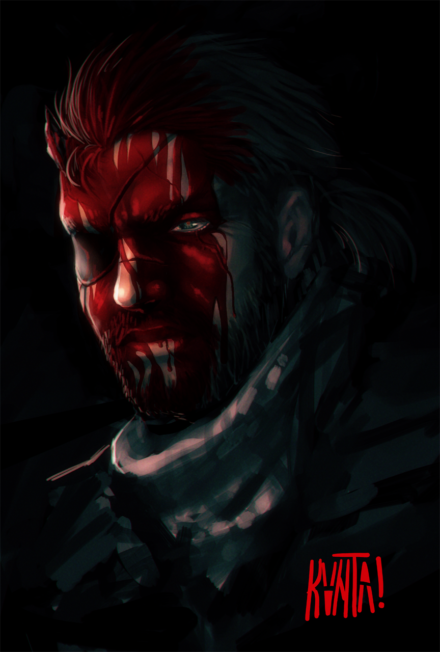 1boy beard black_background blood blood_on_face commentary english_commentary eyepatch facial_hair highres horn kanta-kun male_focus metal_gear_(series) metal_gear_solid_v nose one-eyed scar scar_across_eye scarf short_hair solo venom_snake