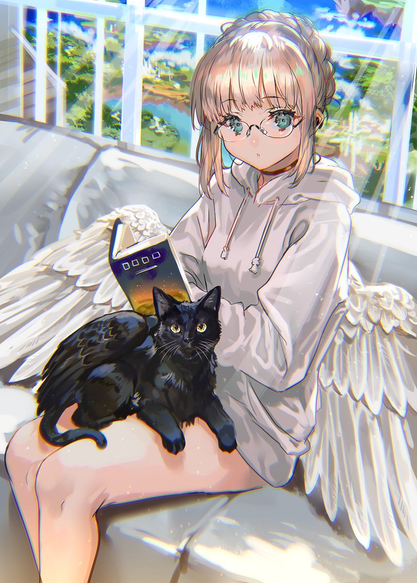 1girl angel angel_wings bare_legs black_cat black_choker blonde_hair blue_sky blush braid breasts cat cat_on_lap choker chromatic_aberration commentary couch feet_out_of_frame floating_island french_braid from_above glasses green_eyes highres indoors light_rays original parted_lips ran'ou_(tamago_no_kimi) reading sitting sky small_breasts solo thighs window wings