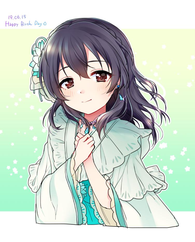1girl black_hair blush braid brown_eyes cropped_torso dated dress earrings flower fujiwara_hajime hair_flower hair_ornament happy_birthday idolmaster idolmaster_cinderella_girls idolmaster_cinderella_girls_starlight_stage jewelry long_hair long_sleeves looking_at_viewer necklace oonishi_nishio own_hands_together smile solo star starry_background wide_sleeves
