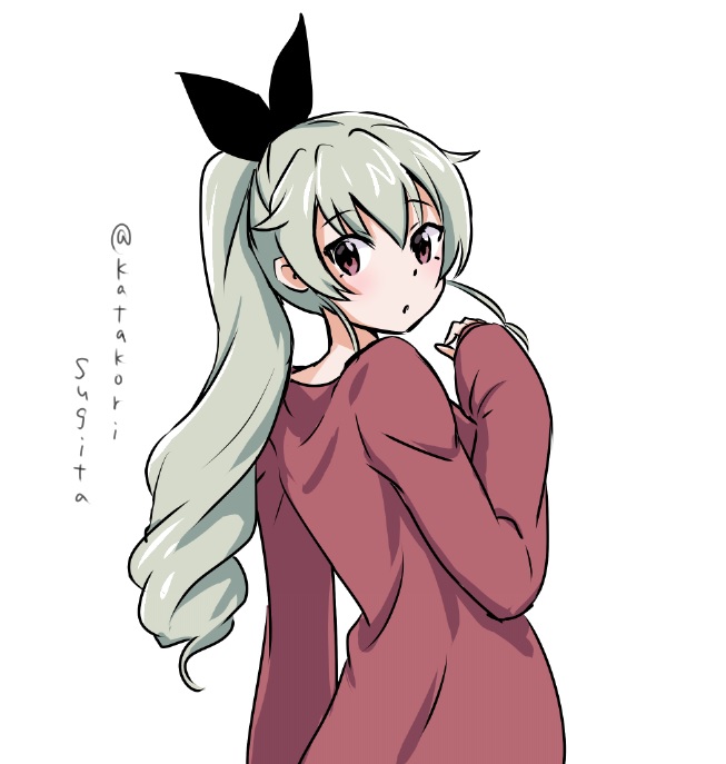 1girl :o anchovy bangs black_ribbon commentary_request drill_hair eyebrows_visible_through_hair from_behind girls_und_panzer hair_ribbon katakori_sugita long_hair long_sleeves looking_at_viewer looking_back parted_lips ponytail red_eyes red_shirt ribbon shirt simple_background single_drill solo standing twitter_username upper_body white_background