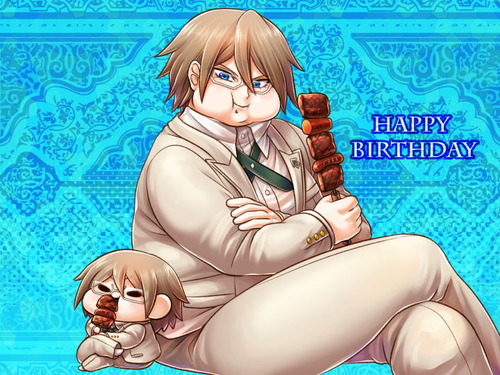 1boy :t blazer blue_background blue_eyes brown_hair character_doll collared_shirt crossed_arms crossed_legs dangan_ronpa dress_shirt eating food food_on_face grey_ribbon happy_birthday holding holding_food invisible_chair jacket long_sleeves looking_at_viewer male_focus neck_ribbon pants ribbon semi-rimless_eyewear shirt sitting solo super_dangan_ronpa_2 togami_byakuya_(super_dangan_ronpa_2) under-rim_eyewear white-framed_eyewear white_jacket white_pants white_shirt wing_collar yumaru_(marumarumaru)