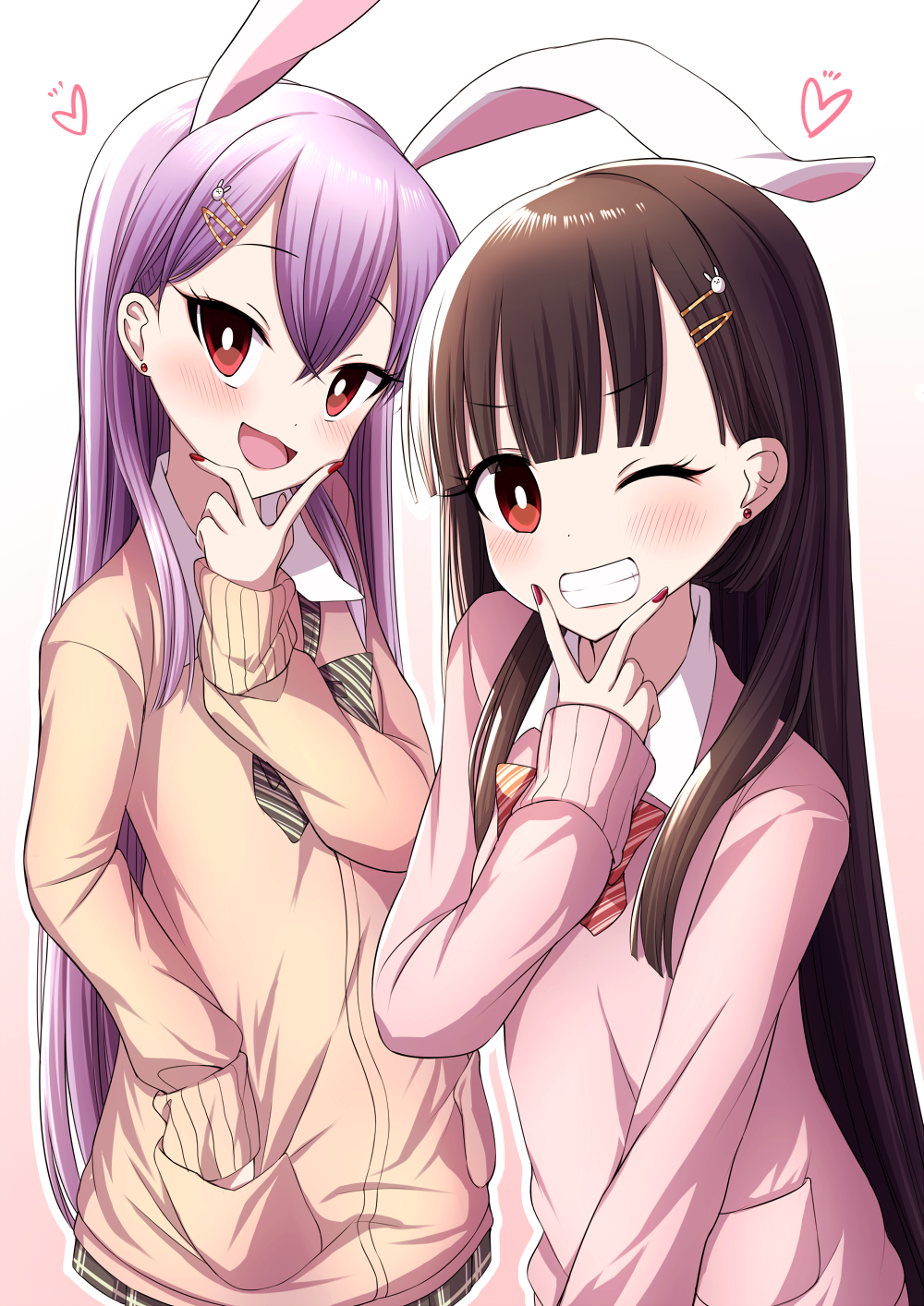 2girls alternate_costume animal_ears arm_up bangs black_hair blunt_bangs blush bow bowtie bright_pupils cardigan commentary_request earrings eyebrows_visible_through_hair gradient gradient_background grin hair_between_eyes hair_ornament hairclip hand_in_pocket head_tilt heart highres hime_cut houraisan_kaguya jewelry lavender_hair long_hair long_sleeves loose_bowtie microskirt multiple_girls one_eye_closed open_mouth outline pink_background pink_cardigan plaid plaid_skirt rabbit_ears red_eyes red_nails reisen_udongein_inaba school_uniform sidelocks simple_background skirt sleeve_cuffs smile standing striped striped_neckwear stud_earrings touhou tsukimirin upper_body v_over_mouth very_long_hair white_background white_pupils yellow_cardigan