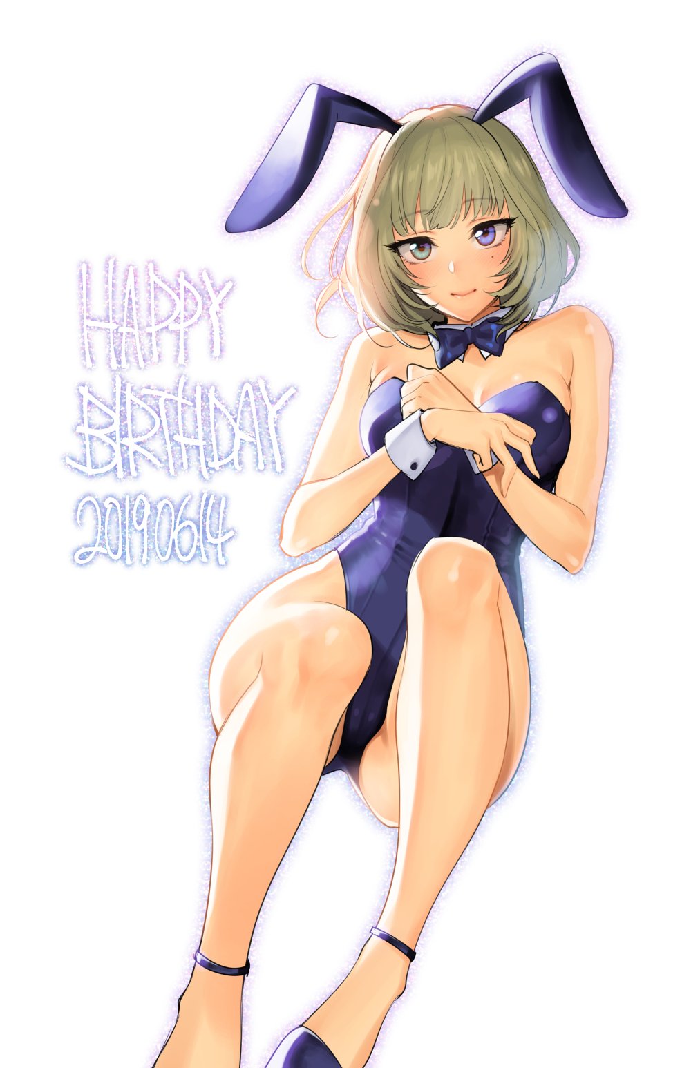 1girl animal_ears blue_eyes blue_leotard blue_neckwear bow bowtie brown_hair bunnysuit character_name detached_collar feet_out_of_frame happy_birthday heterochromia highres idolmaster idolmaster_cinderella_girls leotard mole mole_under_eye rabbit_ears short_hair shoukaki_(earthean) simple_background solo strapless strapless_leotard takagaki_kaede white_background wrist_cuffs