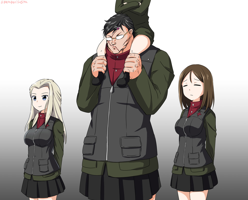 1boy 3girls arms_behind_back bangs black_footwear black_hair black_skirt black_vest blonde_hair blue_eyes boots carrying clara_(girls_und_panzer) closed_eyes closed_mouth crossdressinging crossed_arms frown girls_und_panzer glasses gradient gradient_background grappler_baki green_jacket green_jumpsuit grey_background hair_ornament hairclip hanayama_kaoru head_out_of_frame insignia jacket katakori_sugita katyusha long_hair long_sleeves military military_uniform miniskirt multiple_girls nonna odd_one_out opaque_glasses pleated_skirt pravda_military_uniform red_shirt scar shirt short_jumpsuit shoulder_carry skirt smile standing swept_bangs turtleneck twitter_username uniform vest