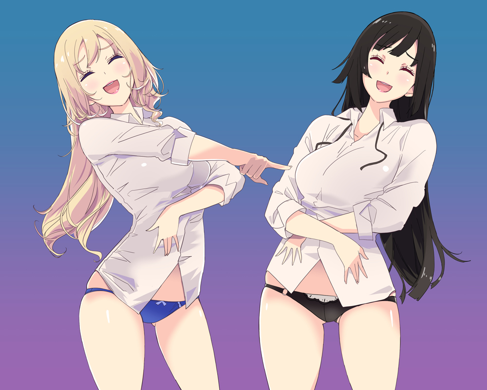 2girls ^_^ ^o^ bangs black_hair black_panties blonde_hair blue_panties breasts closed_eyes gradient gradient_background long_hair mikoto_akemi multiple_girls original panties pointing underwear