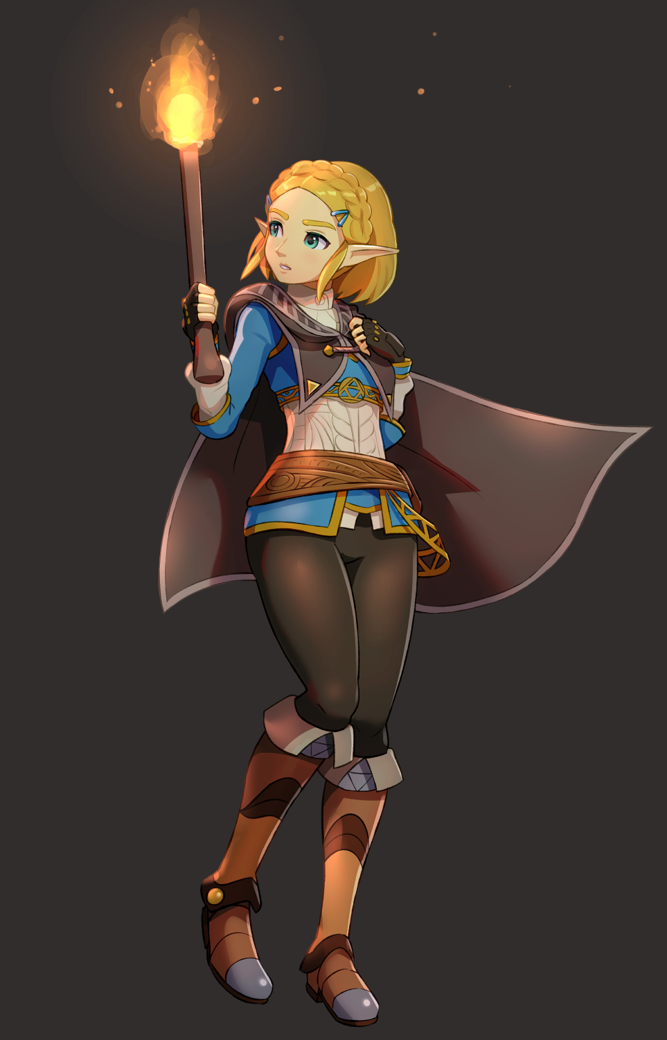 1girl aqua_eyes black_cape black_gloves black_pants blonde_hair boots brown_footwear cape fingerless_gloves fire full_body gloves gonzarez grey_background hair_ornament hairclip hands_up highres holding holding_torpedo knee_boots pants parted_lips pointy_ears princess_zelda solo the_legend_of_zelda the_legend_of_zelda:_breath_of_the_wild the_legend_of_zelda:_breath_of_the_wild_2 thick_eyebrows torch torpedo triforce