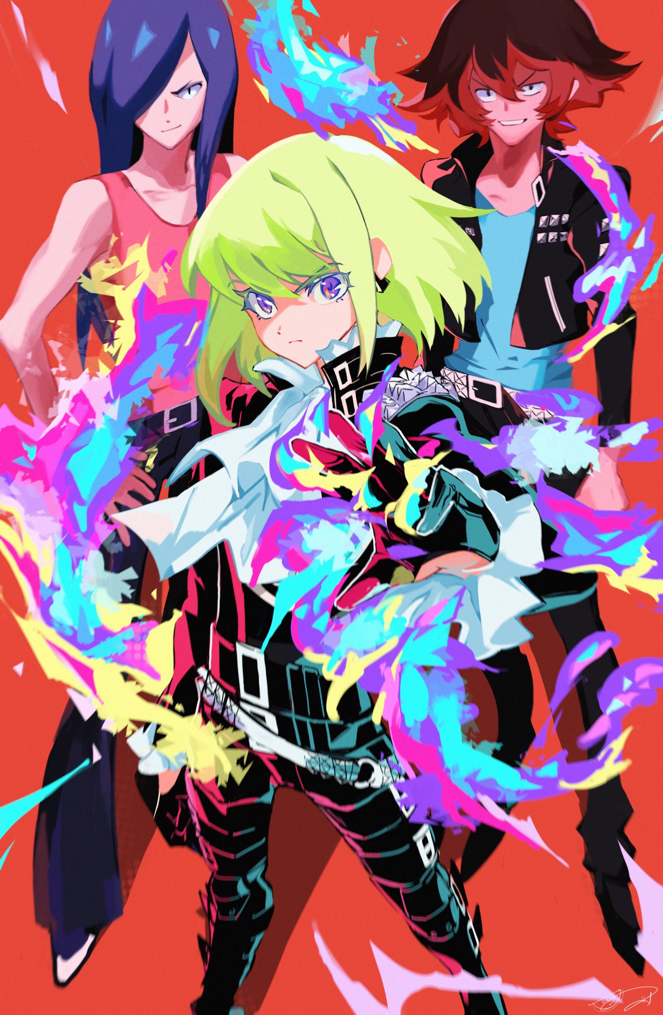3boys black_gloves black_jacket blonde_hair blue_hair cravat fire gloves green_hair gueira hair_over_one_eye half_gloves highres jacket lio_fotia long_hair mad_burnish male_focus marino_(oyasumi) meis_(promare) multiple_boys outstretched_hand promare shirt smile tank_top violet_eyes