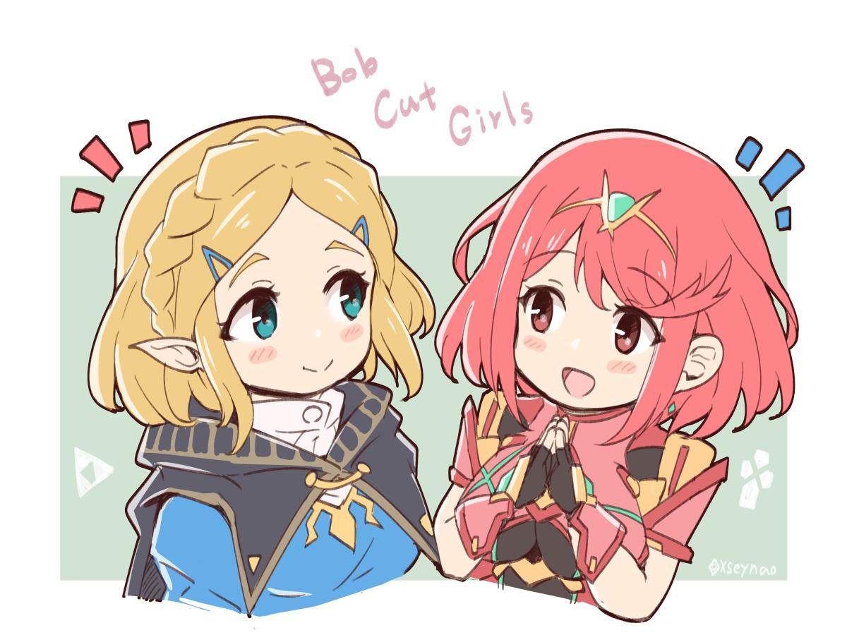 2girls bangs blonde_hair blush braid breasts cape covered_navel crown_braid earrings fingerless_gloves gem gloves green_eyes hair_ornament hairclip headpiece pyra_(xenoblade) jewelry large_breasts mochimochi_(xseynao) multiple_girls pointy_ears princess_zelda red_eyes redhead short_hair shorts shoulder_armor smile swept_bangs the_legend_of_zelda the_legend_of_zelda:_breath_of_the_wild the_legend_of_zelda:_breath_of_the_wild_2 thick_eyebrows tiara xenoblade_(series) xenoblade_2