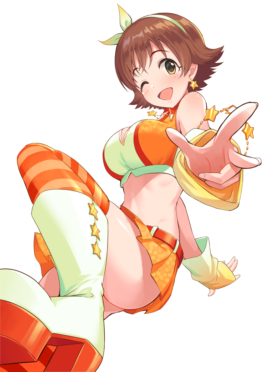 1girl ;d ass bare_shoulders belt boots breasts brown_eyes brown_hair commentary_request crop_top earrings hairband highres honda_mio idolmaster idolmaster_cinderella_girls jewelry large_breasts looking_at_viewer midriff miniskirt one_eye_closed open_mouth orange_legwear orange_skirt pleated_skirt short_hair simple_background skirt sleeveless smile solo star star_earrings striped striped_legwear tamakaga thigh-highs white_background white_footwear