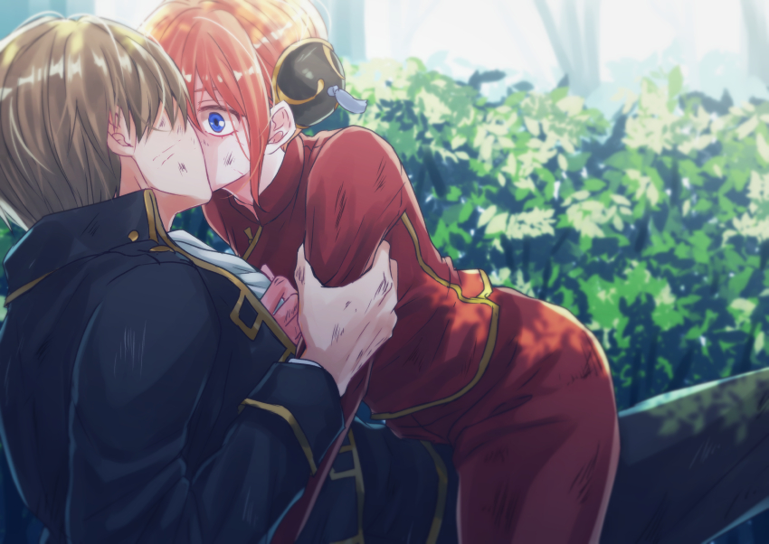 1boy 1girl arm_grab black_jacket black_pants blue_eyes brown_hair couple day gintama hair_bun jacket kagura_(gintama) kiss long_sleeves okita_sougo open_clothes open_jacket orange_hair outdoors pants red_pants red_shirt shiny shiny_hair shirt short_hair szzz_k