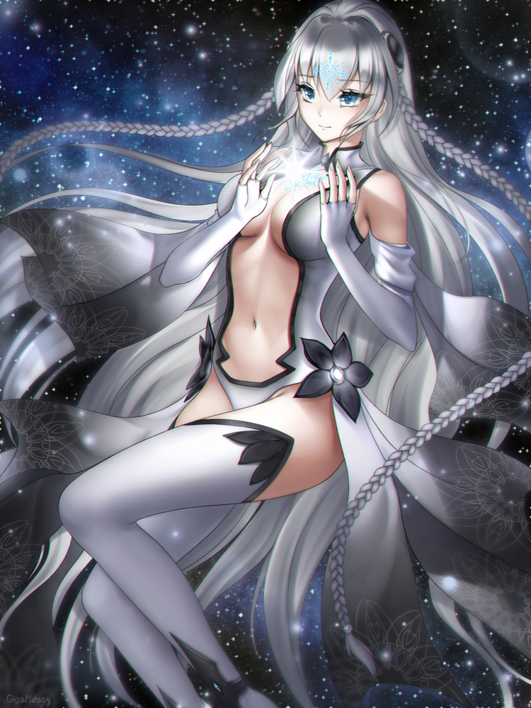 1girl artist_name blue_eyes breasts commission elbow_gloves fingerless_gloves gigamessy gloves grey_hair large_breasts light long_hair navel original solo space very_long_hair