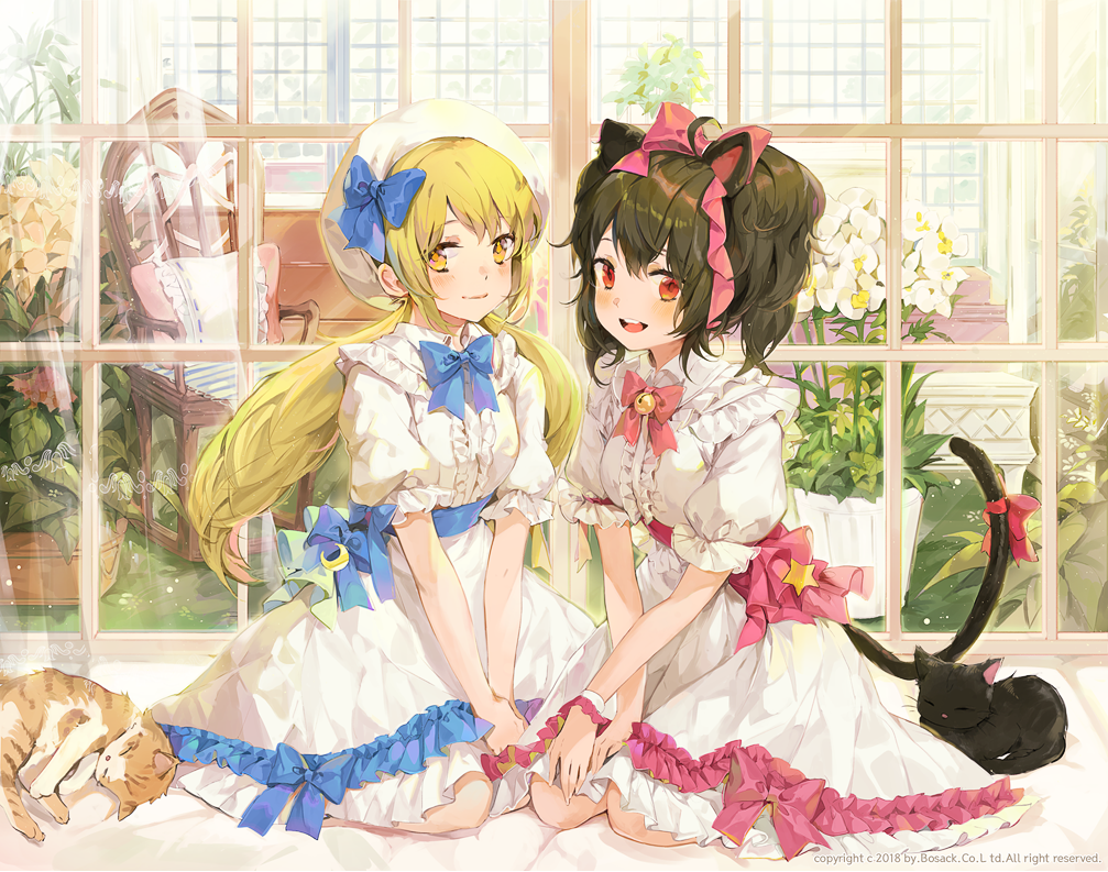 2girls :d ahoge animal animal_ears bangs beret black_cat black_hair blue_bow blush bosack bow brown_eyes cat cat_ears cat_girl cat_tail center_frills chair closed_mouth collared_dress commentary commission dress english_commentary eyebrows_visible_through_hair flower frills hair_between_eyes hair_bow hat looking_at_viewer low_twintails multiple_girls open_mouth original pillow pink_bow puffy_short_sleeves puffy_sleeves red_bow red_eyes rocking_chair round_teeth short_sleeves sitting smile star tail tail_bow teeth twintails upper_teeth wariza watermark white_dress white_flower white_headwear window