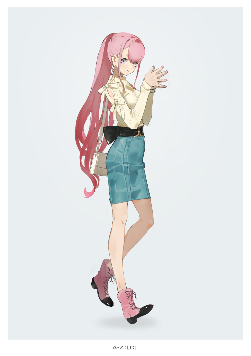 1girl bag bangs boots border bow bracelet earrings fingers_together grey_background grey_eyes highres jewelry long_hair looking_at_viewer neco original pink_footwear pink_hair ponytail profile simple_background skirt smile solo walking white_border