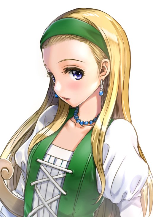 1girl blonde_hair blush collarbone dragon_quest dragon_quest_xi earrings eyelashes hairband harp instrument jewelry juliet_sleeves lips long_hair long_sleeves looking_at_viewer mitarashi_kousei necklace parted_lips pearl_necklace puffy_sleeves senya_(dq11) shiny shiny_hair simple_background solo upper_body violet_eyes white_background