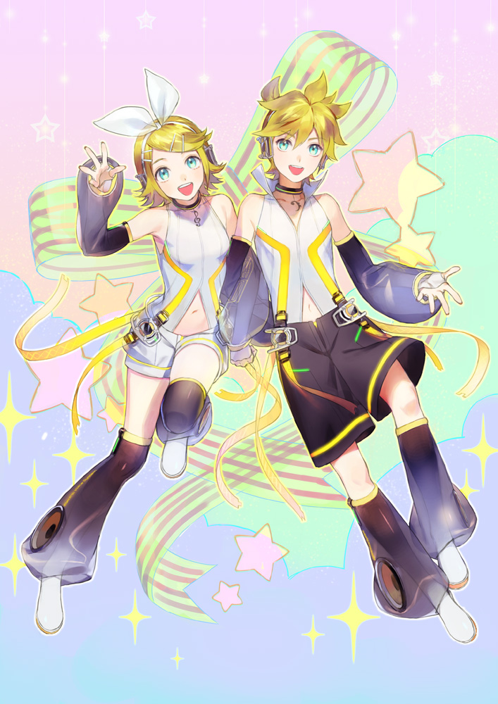 1boy 1girl :d bangs bass_clef blonde_hair blue_eyes bow brother_and_sister collar detached_sleeves eyebrows_visible_through_hair floating hair_bow hair_ornament hair_ribbon hairclip headphones high_collar holding_hands kagamine_len kagamine_rin leg_up looking_at_viewer naoko_(naonocoto) navel navel_cutout necktie neon_trim open_mouth ribbon see-through short_hair shorts siblings sleeveless smile sparkle sparkle_background star swept_bangs treble_clef twins vocaloid waving white_shorts