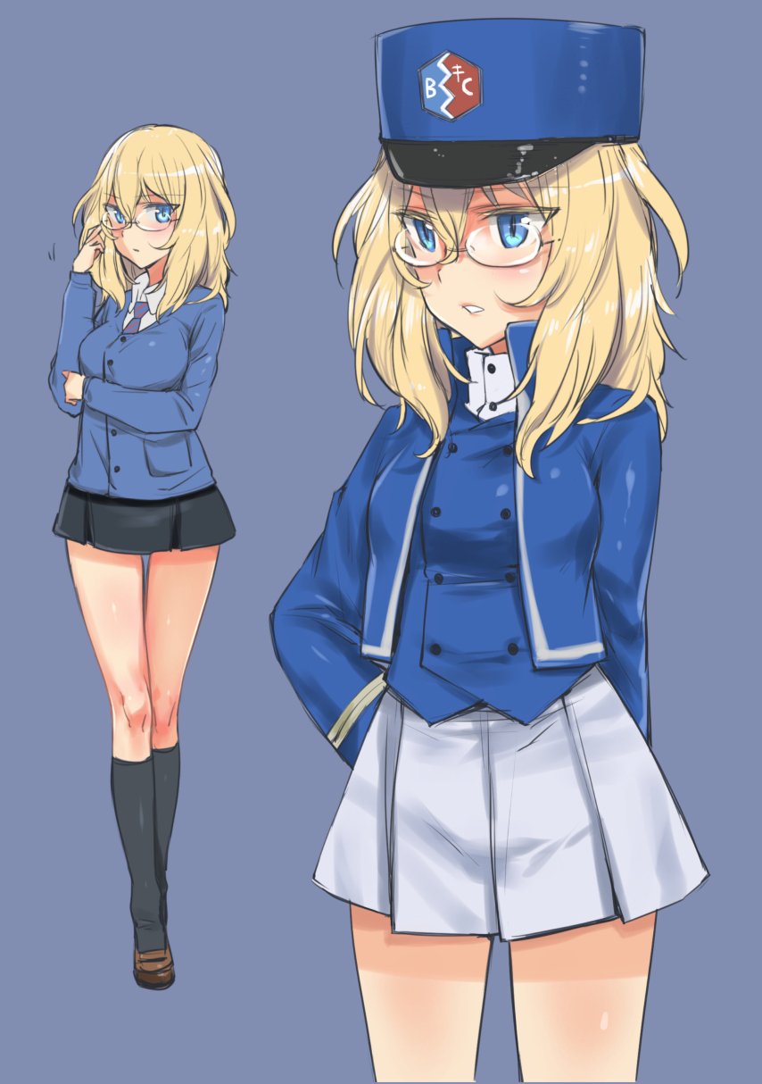 1girl aohashi_ame arm_behind_back bc_freedom_(emblem) bc_freedom_military_uniform bc_freedom_school_uniform black_legwear black_neckwear black_skirt blonde_hair blue_background blush crossed_arms emblem girls_und_panzer glasses grey_skirt hair_between_eyes hand_in_hair hand_on_hip hat highres kneehighs loafers military_hat necktie oshida_(girls_und_panzer) school_uniform shoes skirt